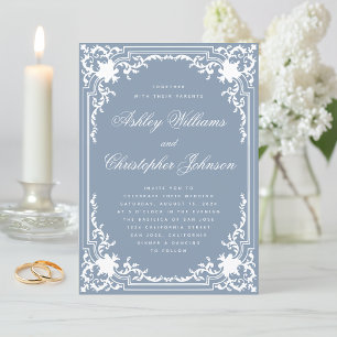 Staubblau Vintage Elegant Weiß Schrift Hochzeit Einladung