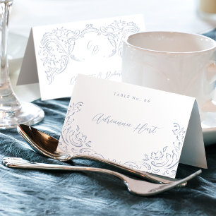 Staubblau Vintage Flourish Klapp-Platzkarte Tischnummer