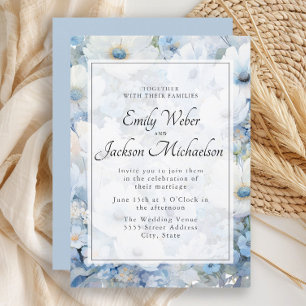 Staubblau Weiße Aquarell-Blumen-Hochzeit Einladung