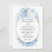 Staubblau Weiße Blumen Budget QR Code Hochzeit Einladung (Vorderseite)