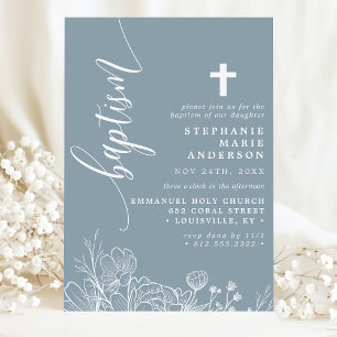 Staubblau Weiße Blumen Elegante Schrift Taufe Einladung