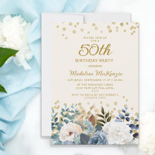Staubblau Weiße Blumen Gold 50. Geburtstag Einladung