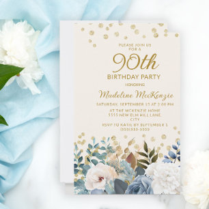 Staubblau Weiße Blumen Gold 90. Geburtstag Einladung