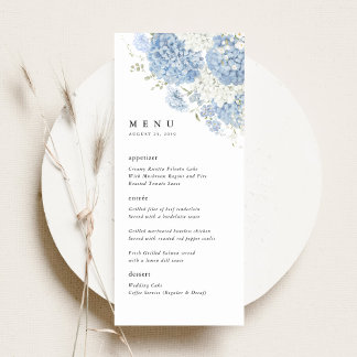 Staubblau-weiße Blumenhochzeitsempfangs-Dinner Menükarte