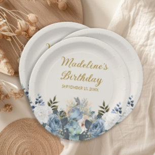 Staubblau Weiße Florale Gold Alles Gute zum Geburt Pappteller