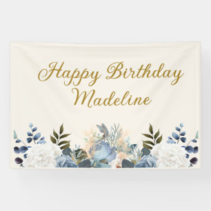 Staubblau Weiße Florale Gold Frohen Geburtstag Nam Banner