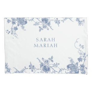 Staubblau & Weiße Florale Toile Personalisierter N Kissenbezug