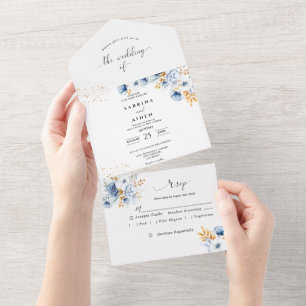 Staubblau Weiße Goldene Florale Hochzeit All In One Einladung