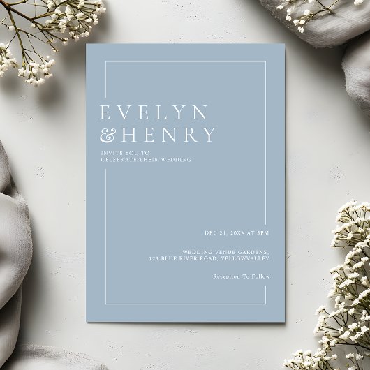 Staubblau Weiße Grenze Einfache Moderne Hochzeit Einladung