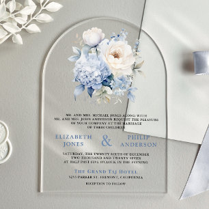 Staubblau-weiße Hochzeit mit Blumenmuster Acryleinladungen