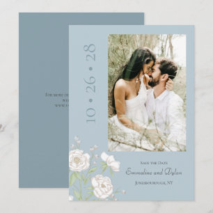 Staubblau Weiße Rose Hochzeit Termin vormerken Einladung