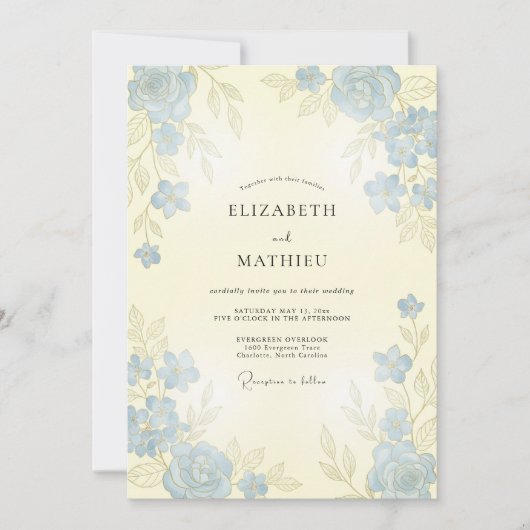Staubblaue anmutige Rosenhochzeit Einladung (Vorderseite)