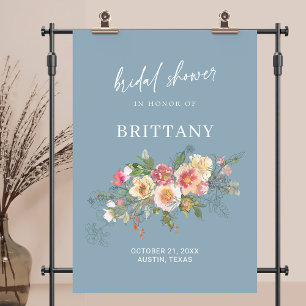 Staubblaue Aquarell-Blumen-Hochzeitsdusche-Willkom Poster
