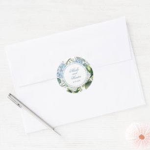 Staubblaue Aquarell-Blumenhochzeitsempfang Runder Aufkleber
