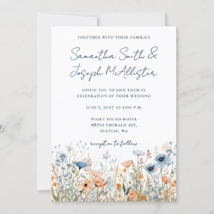 Staubblaue Aquarell-Wildblumen-Hochzeit Einladung