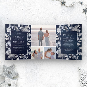 Staubblaue Aquarellblätter Winter Navy Hochzeit Dreifach Gefaltete Einladung
