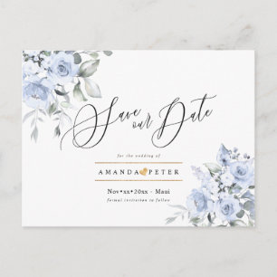 Staubblaue Aquarellrosen - Save the Date Postkarte
