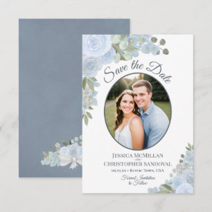 Staubblaue Aquarellrosen und Foto-Rustical-Hochzei Save The Date