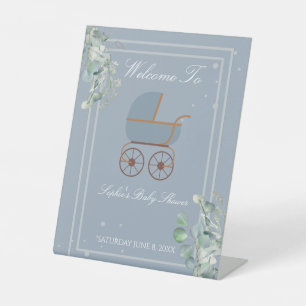 Staubblaue Baby-Carriage-Willkommensschild Sockelschild