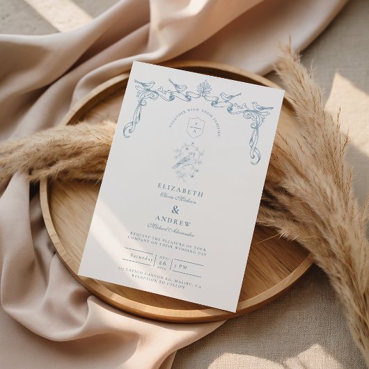 Staubblaue Barock-Hochzeit mit Vogel Einladung