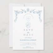 Staubblaue Barock-Hochzeit mit Vogel Save The Date (Vorderseite)