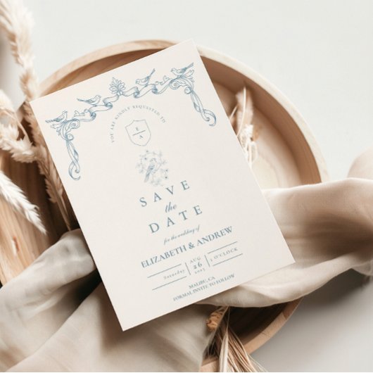 Staubblaue Barock-Hochzeit mit Vogel Save The Date