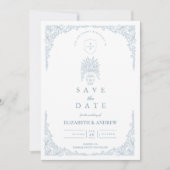 Staubblaue barocke Hochzeit Save The Date (Vorderseite)