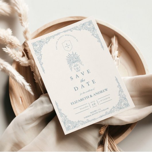 Staubblaue barocke Hochzeit Save The Date