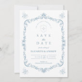Staubblaue barocke Linienkunst-Hochzeit Save The Date (Vorderseite)