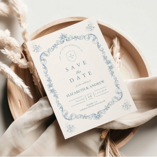 Staubblaue barocke Linienkunst-Hochzeit Save The Date