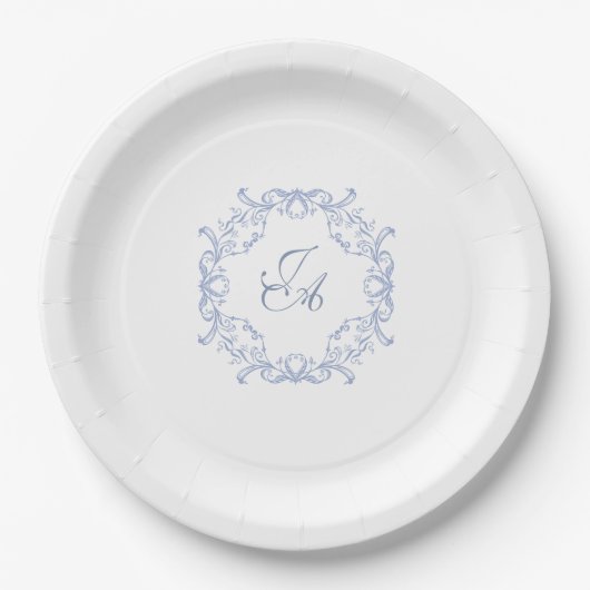 Staubblaue barocke Monogramm-Hochzeitspapierplatte Pappteller (Vorderseite)
