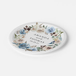 Staubblaue Beige Blumen Hochzeitspapierteller Pappteller