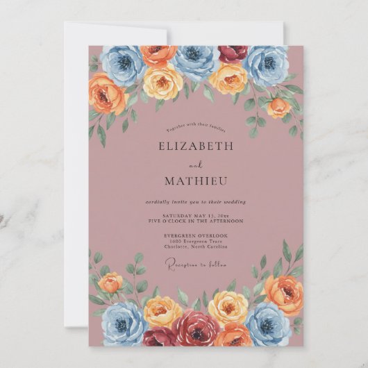 Staubblaue bemalte Blumenhochzeit Einladung (Vorderseite)