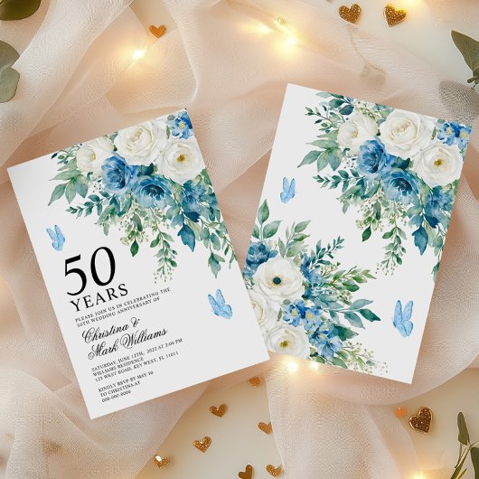 Staubblaue Blumen 50. Hochzeitstag Einladung
