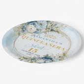 Staubblaue Blumen Gold Glitter personalisierte Tel Pappteller (Schrägansicht)