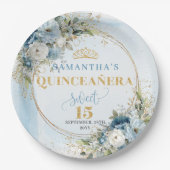 Staubblaue Blumen Gold Glitter personalisierte Tel Pappteller (Vorderseite)