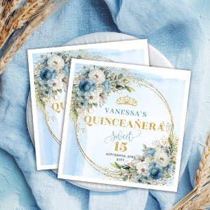 Staubblaue Blumen Goldrahmen 15. Geburtstag Servie Serviette