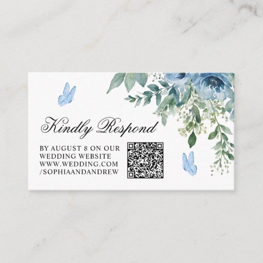 Staubblaue Blumen Hochzeit QR Code RSVP Begleitkarte (Vorderseite)