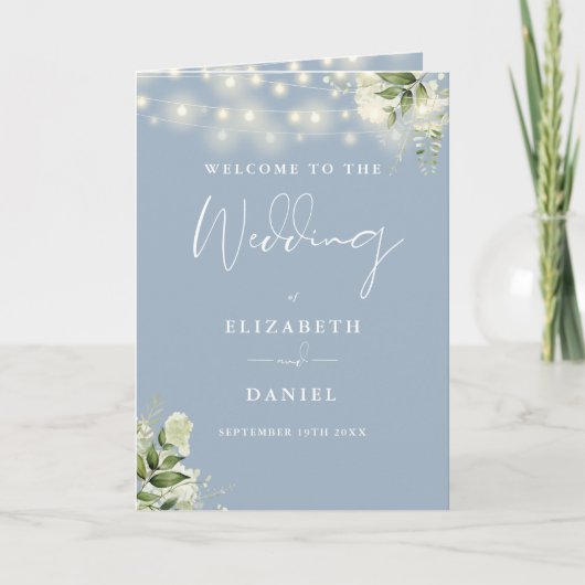 Staubblaue Blumen-Lichterkette Hochzeit Programm (Vorderseite)