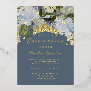 Staubblaue Blumen-Schmetterlinge-Quinceanera glänz Folieneinladung