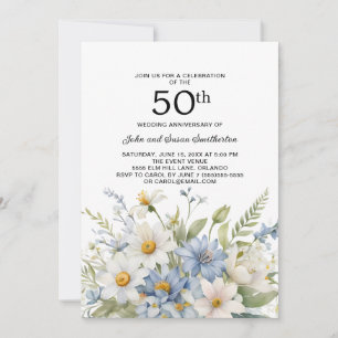 Staubblaue Blumen Weiße Margeriten 50. Hochzeitsta Einladung