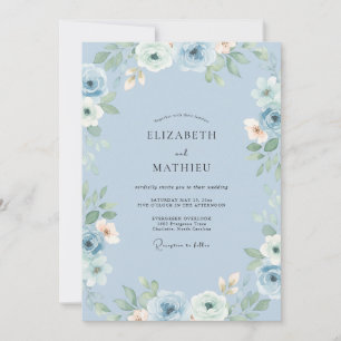 Staubblaue Blumenakzent-Hochzeit Einladung