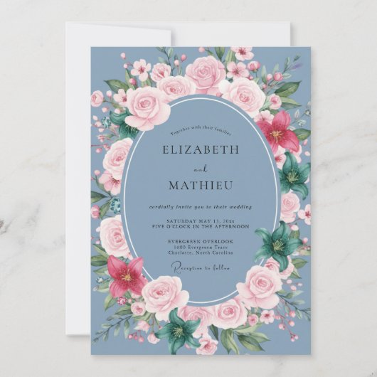 Staubblaue Blumenästhetik-Hochzeit Einladung (Vorderseite)