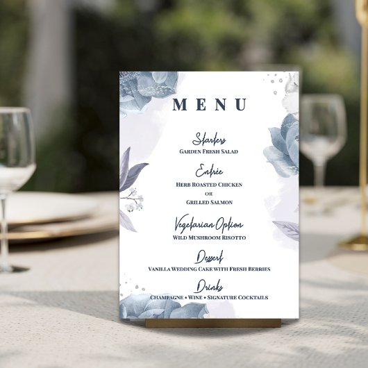 Staubblaue Blumenhochzeitsempfangs-Dinner Menükarte