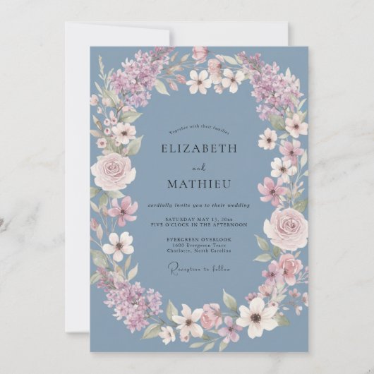 Staubblaue Blumenkrone Hochzeit Einladung (Vorderseite)