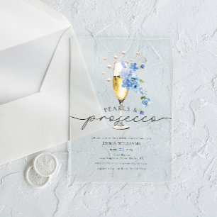 Staubblaue Blumenperlen- und Prosecco-Brautjungges Acryleinladungen