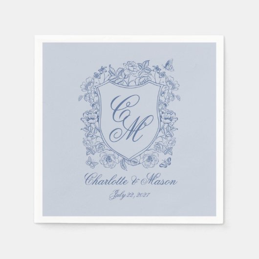 Staubblaue Blumenwappen-Hochzeitsmonogramm-Serviet Serviette (Vorderseite)