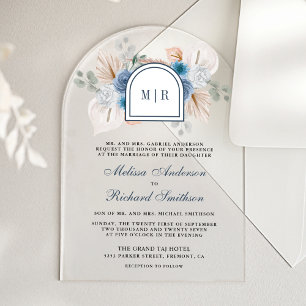 Staubblaue Blumige Boho Pampas Hochzeit Acryleinladungen