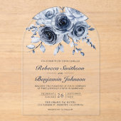 Staubblaue Blumige Hochzeit Acryleinladungen (Vorderseite)