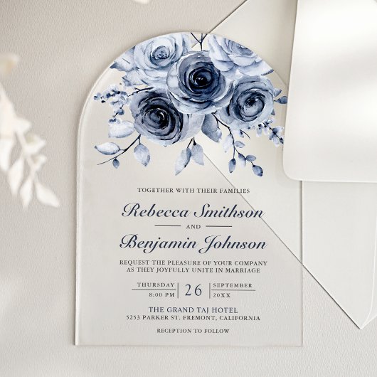 Staubblaue Blumige Hochzeit Acryleinladungen